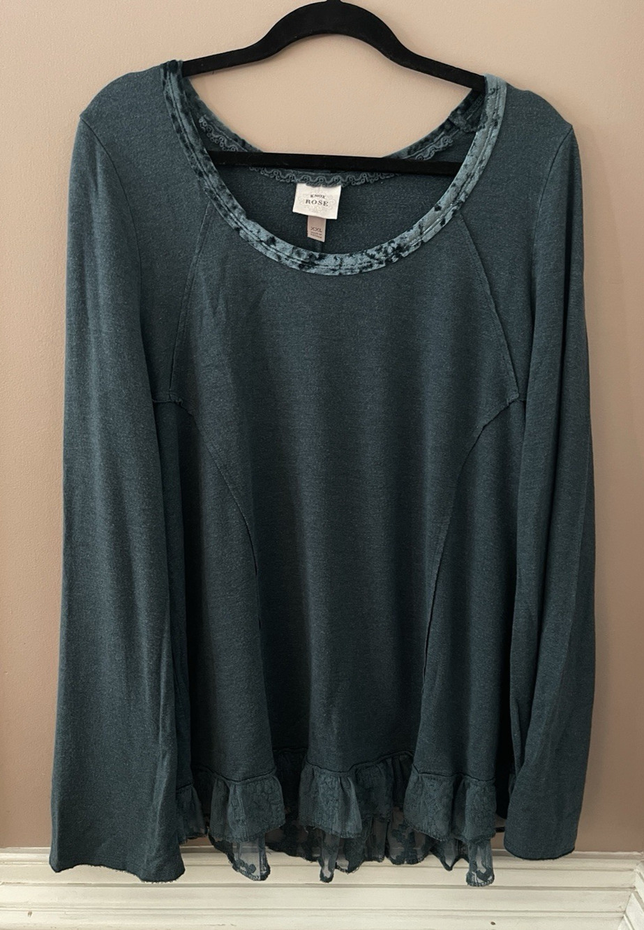 Knox Rose Top Womens XXL Green Boho Lace Ruffle Hem Bell Sleeve Scoop Neck